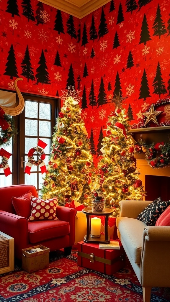 A cozy room with red and black Christmas wallpaper, decorated for the holiday season.